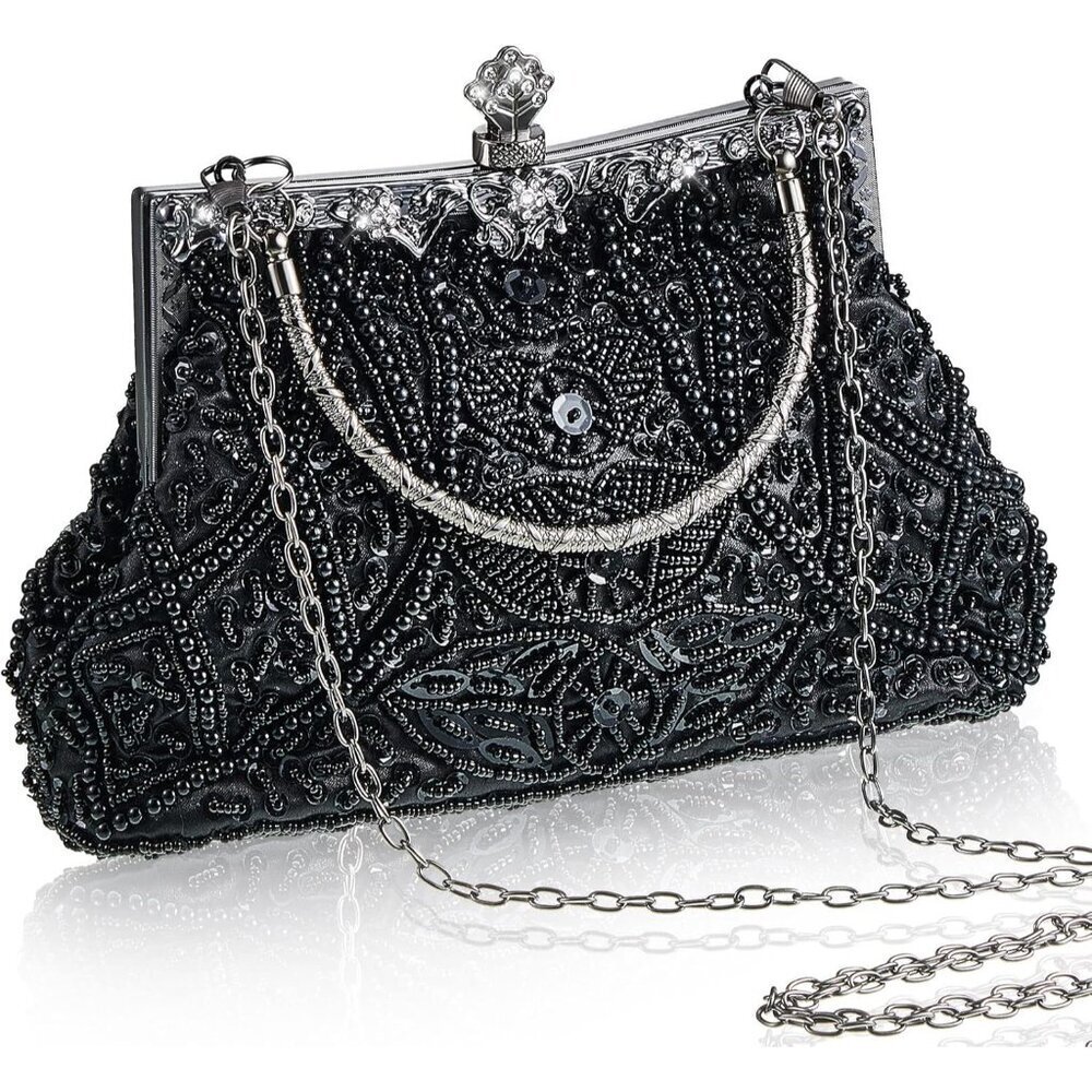 Vintage Beaded Clutch Satin 8.66x5.31x2.95 inches Evening Bag for Women